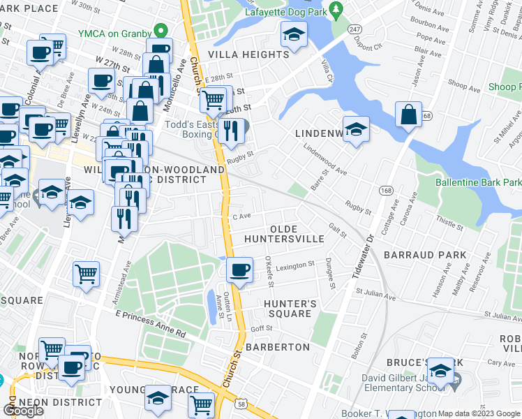 map of restaurants, bars, coffee shops, grocery stores, and more near 776 C Avenue in Norfolk