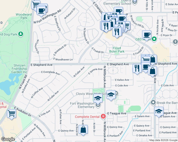 map of restaurants, bars, coffee shops, grocery stores, and more near 824 East Serena Avenue in Fresno