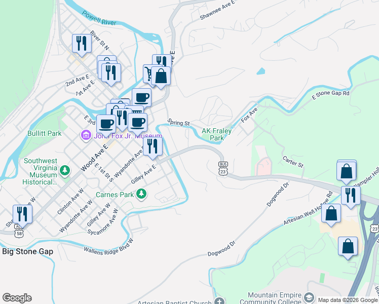 map of restaurants, bars, coffee shops, grocery stores, and more near 611 Gilley Avenue East in Big Stone Gap
