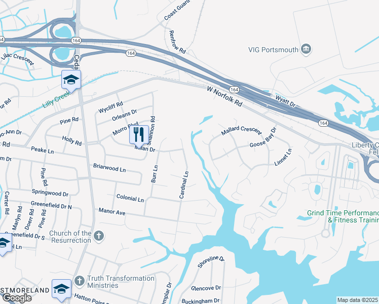 map of restaurants, bars, coffee shops, grocery stores, and more near 4712 Cinnamon Teal Court in Portsmouth
