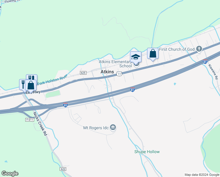 map of restaurants, bars, coffee shops, grocery stores, and more near 140 Mulberry Lane in Atkins