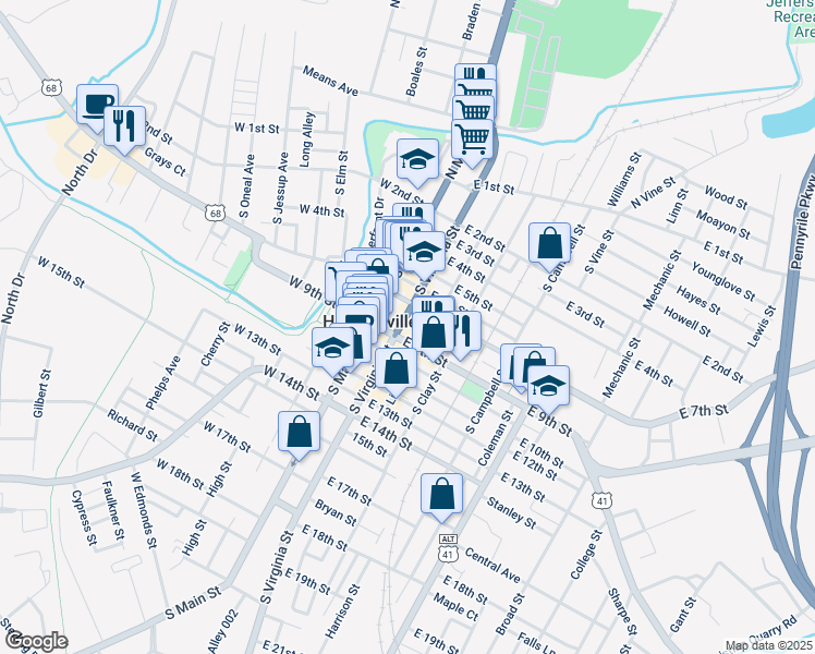 map of restaurants, bars, coffee shops, grocery stores, and more near 800 South Virginia Street in Hopkinsville