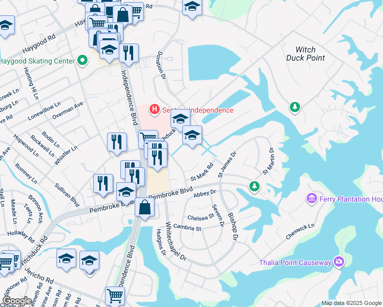 map of restaurants, bars, coffee shops, grocery stores, and more near 820 Cathedral Drive in Virginia Beach