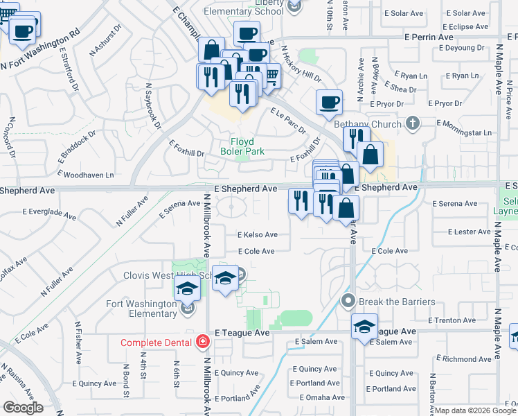 map of restaurants, bars, coffee shops, grocery stores, and more near 1161 East Shepherd Avenue in Fresno