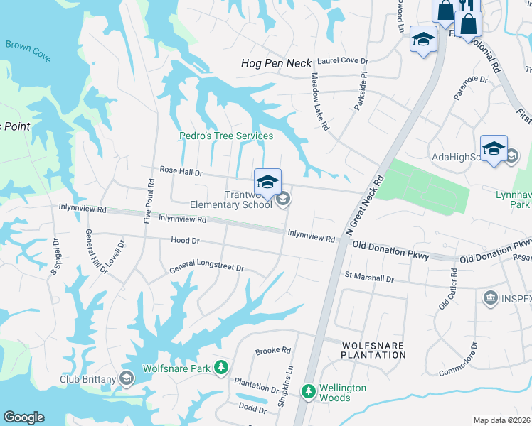 map of restaurants, bars, coffee shops, grocery stores, and more near 2344 Inlynnview Rd in Virginia Beach