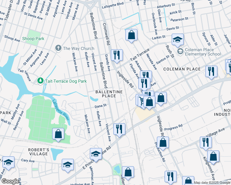 map of restaurants, bars, coffee shops, grocery stores, and more near 2435 Cromwell Road in Norfolk