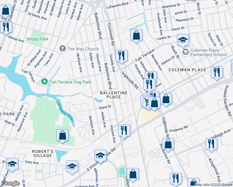 map of restaurants, bars, coffee shops, grocery stores, and more near 2440 Ballentine Boulevard in Norfolk