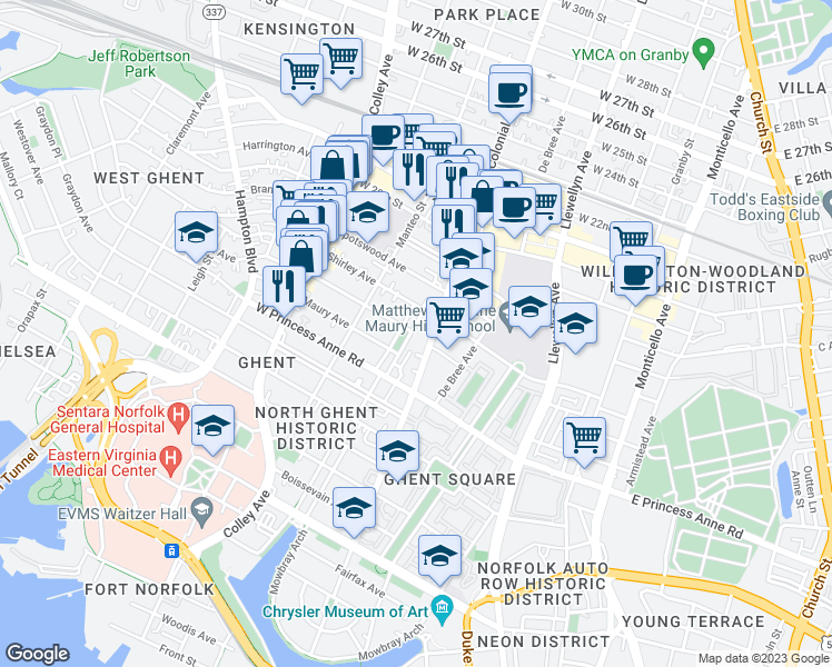 map of restaurants, bars, coffee shops, grocery stores, and more near 1310 Stockley Gardens in Norfolk