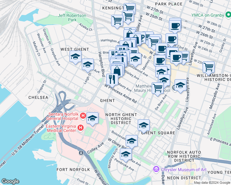 map of restaurants, bars, coffee shops, grocery stores, and more near 1112 Colley Avenue in Norfolk