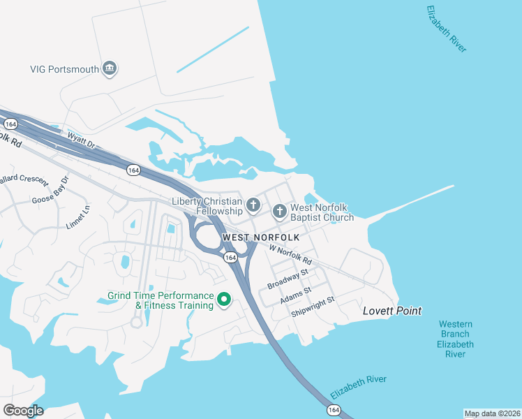 map of restaurants, bars, coffee shops, grocery stores, and more near 3809 Wyatt Drive in Portsmouth