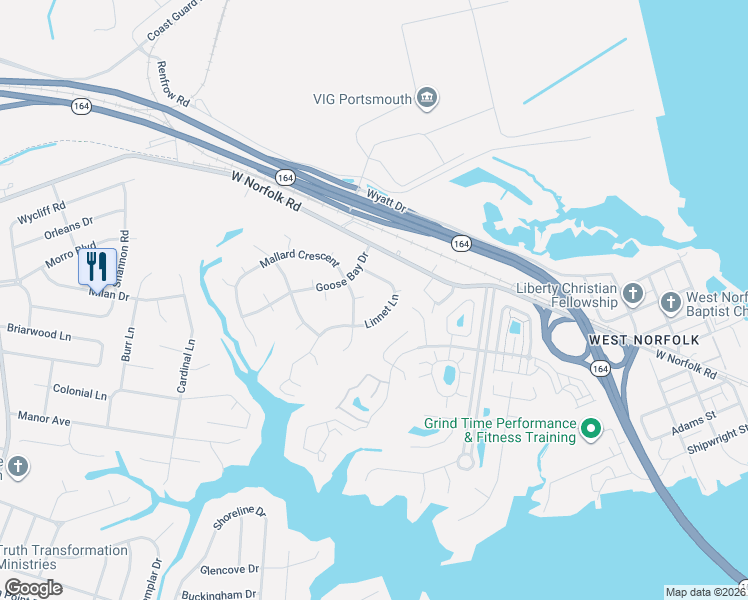 map of restaurants, bars, coffee shops, grocery stores, and more near 3724 Linnet Lane in Portsmouth