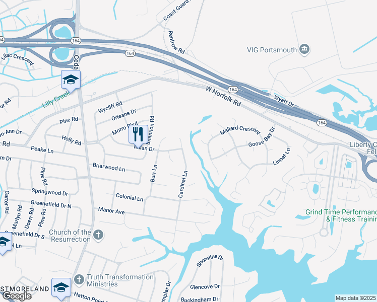 map of restaurants, bars, coffee shops, grocery stores, and more near 4712 Cinnamon Teal Court in Portsmouth