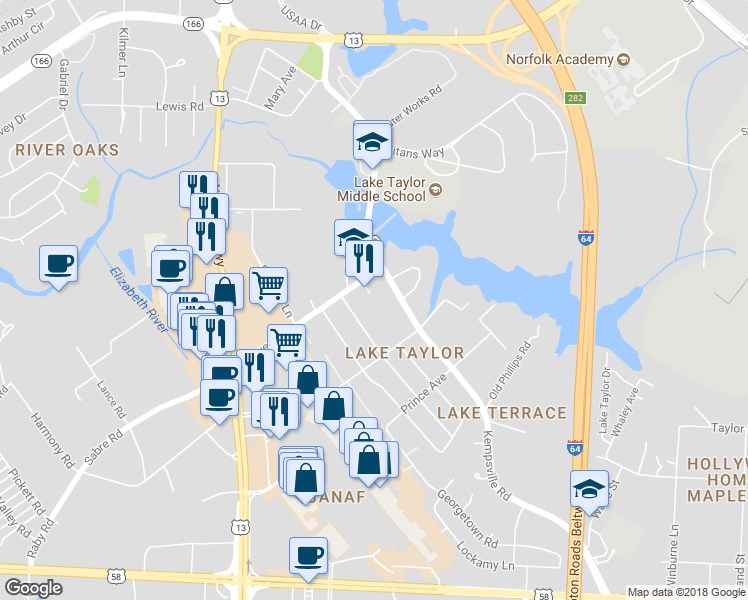 map of restaurants, bars, coffee shops, grocery stores, and more near 1224 Lowery Court in Norfolk