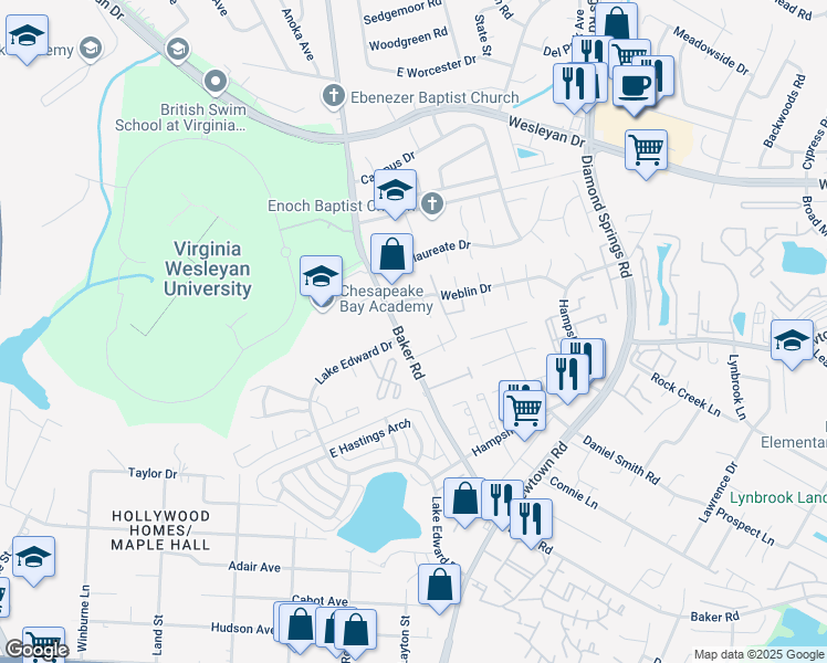 map of restaurants, bars, coffee shops, grocery stores, and more near 800 Baker Road in Virginia Beach