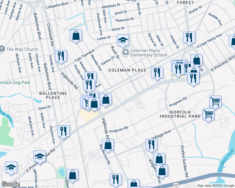 map of restaurants, bars, coffee shops, grocery stores, and more near 1536 Nevada Avenue in Norfolk