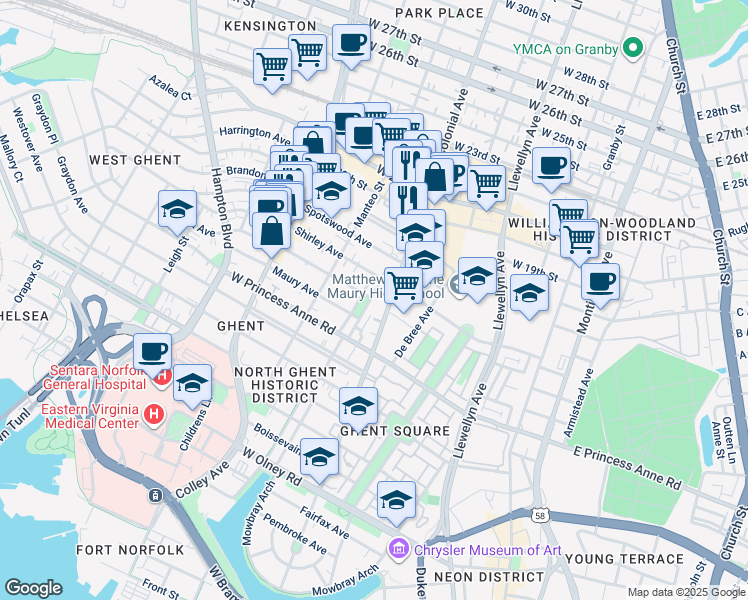 map of restaurants, bars, coffee shops, grocery stores, and more near 1300 Stockley Gardens in Norfolk