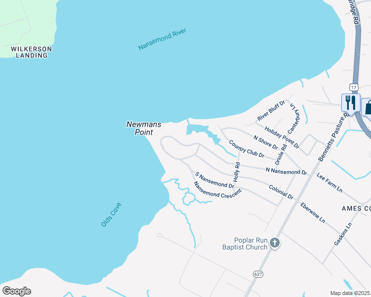 map of restaurants, bars, coffee shops, grocery stores, and more near 2629 North Nansemond Drive in Suffolk