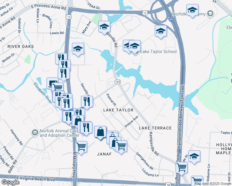 map of restaurants, bars, coffee shops, grocery stores, and more near 1224 Lowery Court in Norfolk