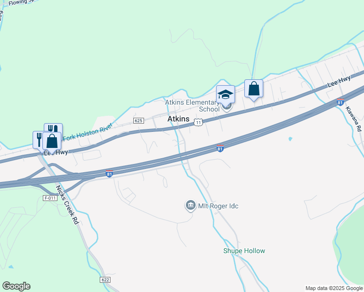 map of restaurants, bars, coffee shops, grocery stores, and more near 140 Mulberry Lane in Atkins