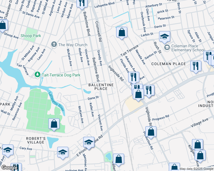 map of restaurants, bars, coffee shops, grocery stores, and more near 2435 Cromwell Road in Norfolk