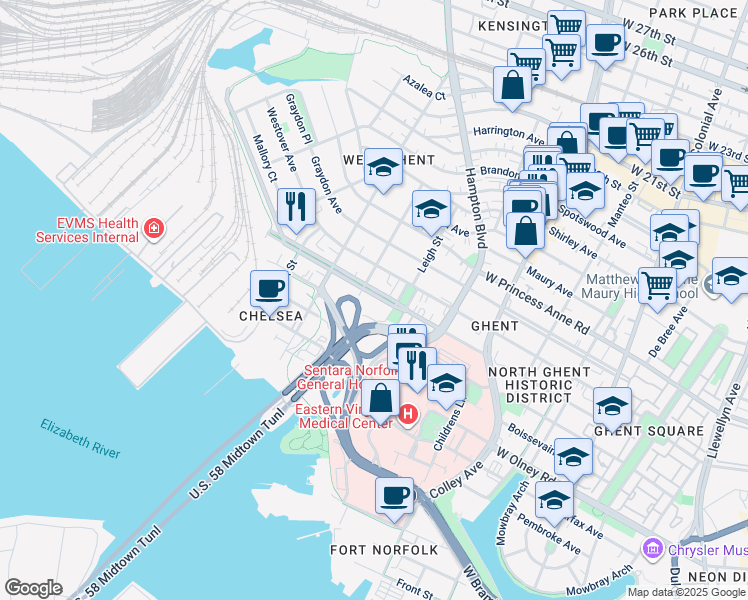map of restaurants, bars, coffee shops, grocery stores, and more near 1031 Redgate Avenue in Norfolk
