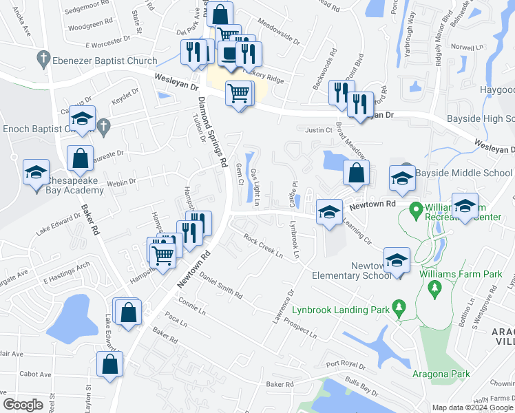 map of restaurants, bars, coffee shops, grocery stores, and more near 848 Gas Light Lane in Virginia Beach