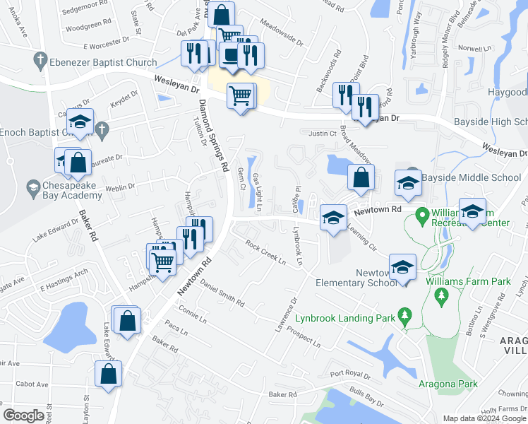 map of restaurants, bars, coffee shops, grocery stores, and more near 804 Gas Light Lane in Virginia Beach
