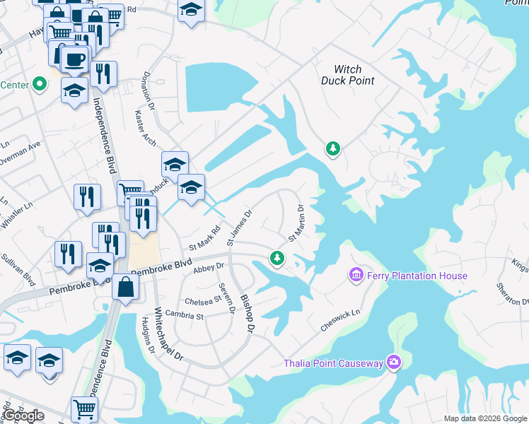 map of restaurants, bars, coffee shops, grocery stores, and more near 4341 Temple Court in Virginia Beach