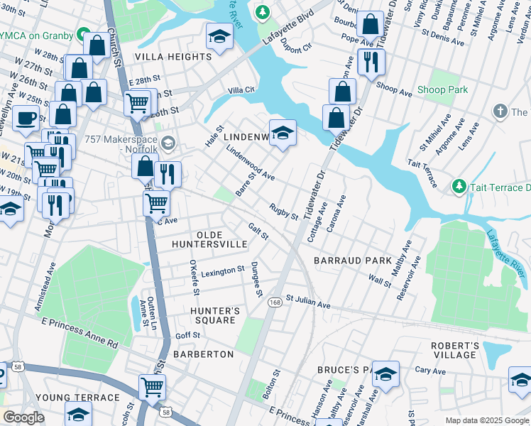 map of restaurants, bars, coffee shops, grocery stores, and more near 976 Pollard Street in Norfolk