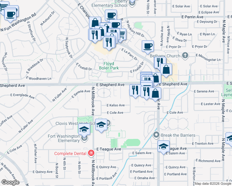 map of restaurants, bars, coffee shops, grocery stores, and more near 1161 East Shepherd Avenue in Fresno