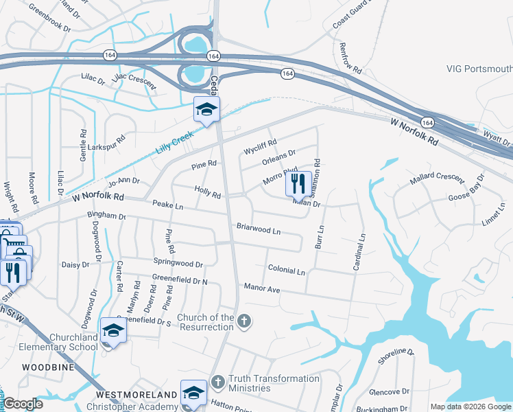 map of restaurants, bars, coffee shops, grocery stores, and more near 4909 Holly Road in Portsmouth