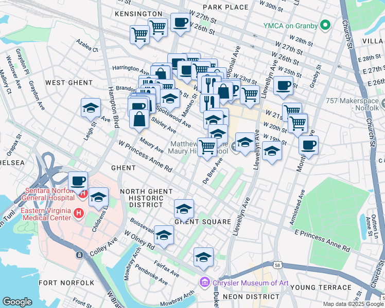 map of restaurants, bars, coffee shops, grocery stores, and more near 1308 Stockley Gardens in Norfolk