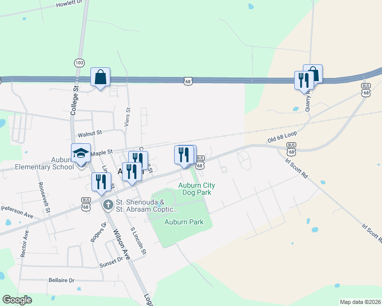 map of restaurants, bars, coffee shops, grocery stores, and more near 342-350 East Jefferson Davis Highway in Auburn