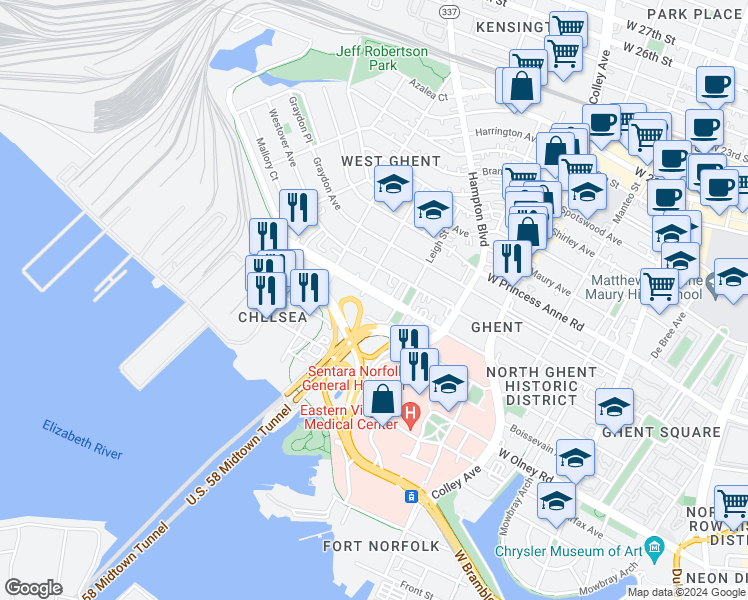map of restaurants, bars, coffee shops, grocery stores, and more near 1033 Redgate Avenue in Norfolk