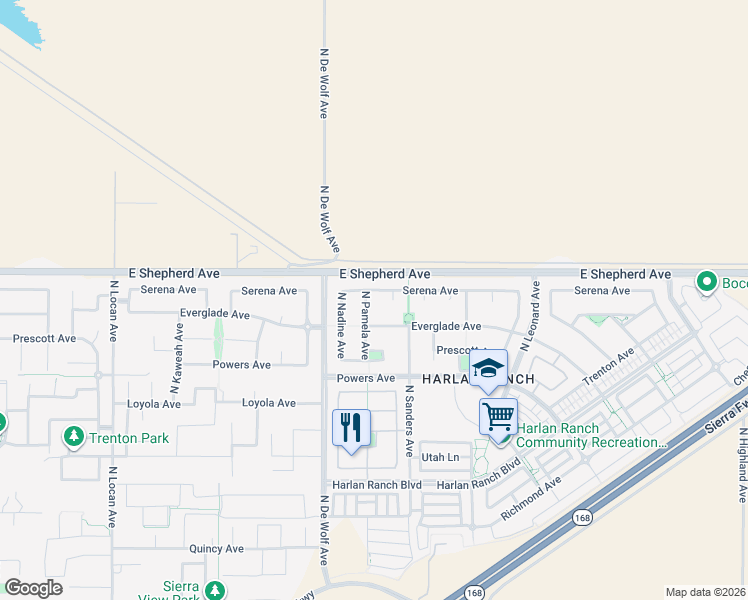 map of restaurants, bars, coffee shops, grocery stores, and more near 1975 North Pamela Avenue in Clovis