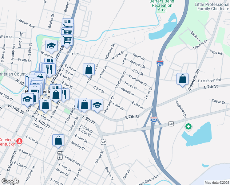 map of restaurants, bars, coffee shops, grocery stores, and more near 200-320 Adams Lane in Hopkinsville