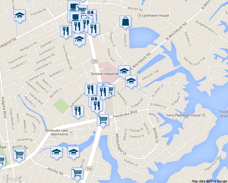 map of restaurants, bars, coffee shops, grocery stores, and more near 4504 Notre Dame Court in Virginia Beach