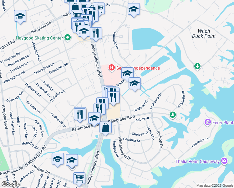 map of restaurants, bars, coffee shops, grocery stores, and more near 4504 Notre Dame Court in Virginia Beach