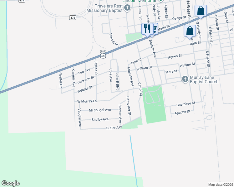 map of restaurants, bars, coffee shops, grocery stores, and more near 1300 West Murray Lane in Sikeston