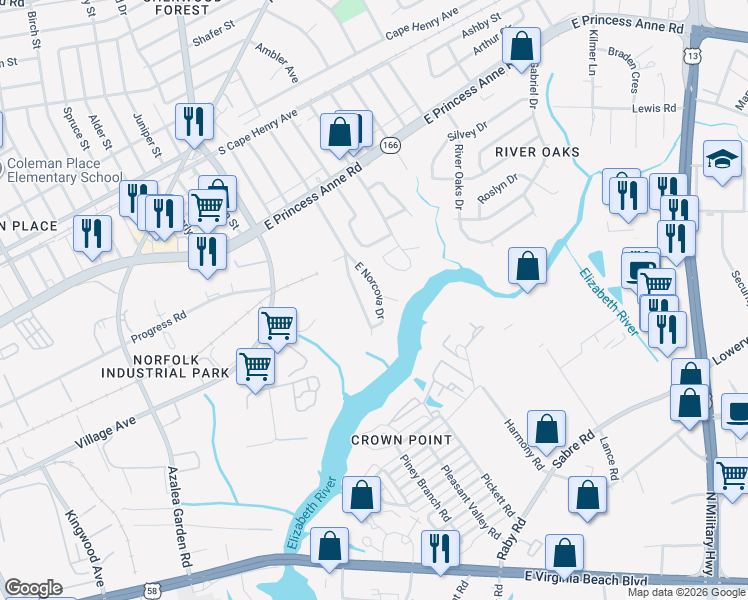 map of restaurants, bars, coffee shops, grocery stores, and more near 1328 East Norcova Drive in Norfolk