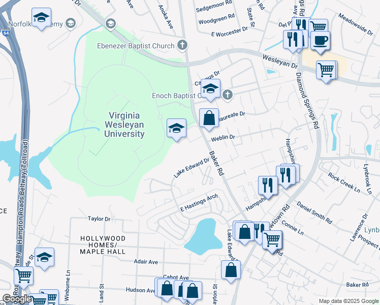 map of restaurants, bars, coffee shops, grocery stores, and more near 5743 University Place in Virginia Beach