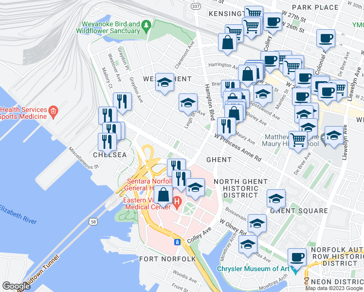 map of restaurants, bars, coffee shops, grocery stores, and more near 930 Greenway Court in Norfolk