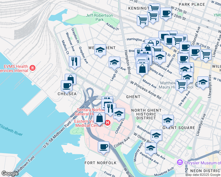 map of restaurants, bars, coffee shops, grocery stores, and more near 910 Greenway Court in Norfolk