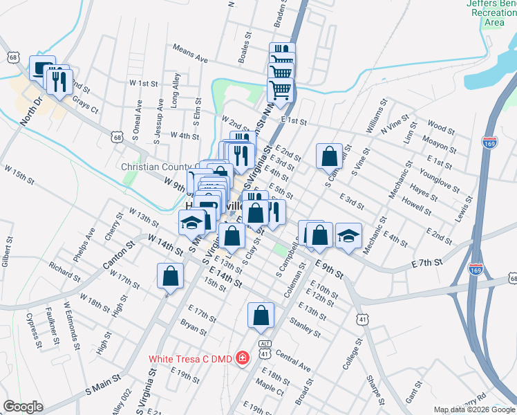 map of restaurants, bars, coffee shops, grocery stores, and more near 301 East 7th Street in Hopkinsville