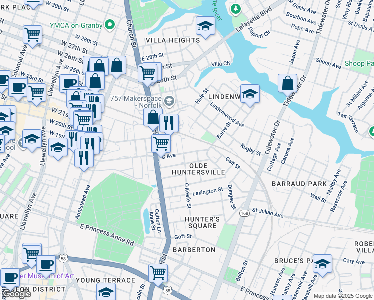 map of restaurants, bars, coffee shops, grocery stores, and more near 810 C Avenue in Norfolk
