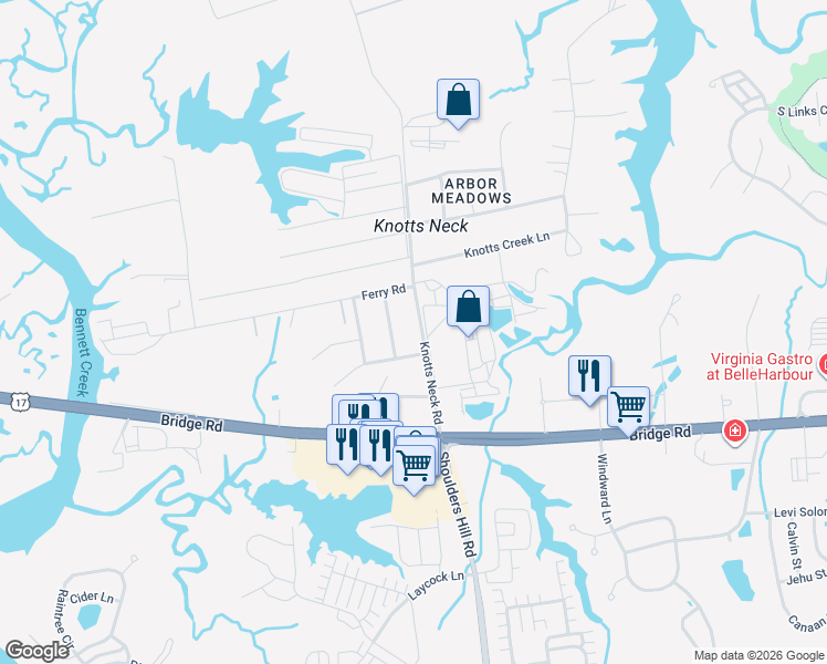 map of restaurants, bars, coffee shops, grocery stores, and more near 5905 Knotts Neck Road in Suffolk