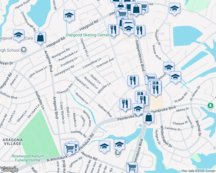 map of restaurants, bars, coffee shops, grocery stores, and more near 4737 Whistler Lane in Virginia Beach