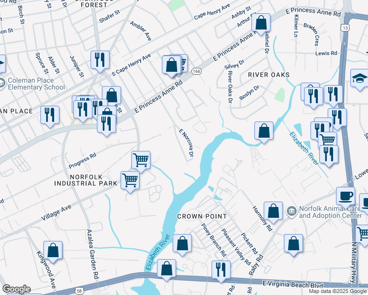 map of restaurants, bars, coffee shops, grocery stores, and more near 1332 West Norcova Drive in Norfolk