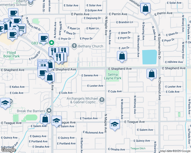 map of restaurants, bars, coffee shops, grocery stores, and more near 1879 East Serena Avenue in Fresno