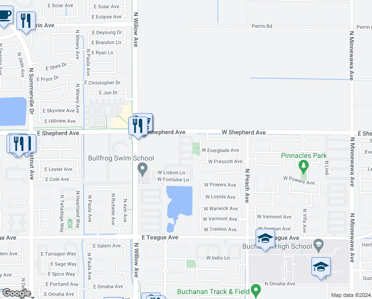 map of restaurants, bars, coffee shops, grocery stores, and more near 627 West Milano Lane in Clovis